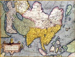 Asien: Karta över kontinenten inklusive Japan och Ostindien med en del av Nya Guinea, ca 1580